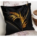 - K12246-Gorsel-1 - Realhomes  RealHomes Siyah Zeminde Gold Motifli Yaprak Desenli Dijital Baskılı Yastık Kırlent Kılıfı Realhomes