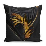 - K12246-Gorsel - Realhomes  RealHomes Siyah Zeminde Gold Motifli Yaprak Desenli Dijital Baskılı Yastık Kırlent Kılıfı Realhomes
