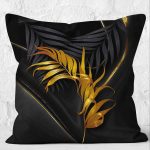 - K12246-Gorsel-2 - Realhomes  RealHomes Siyah Zeminde Gold Motifli Yaprak Desenli Dijital Baskılı Yastık Kırlent Kılıfı Realhomes