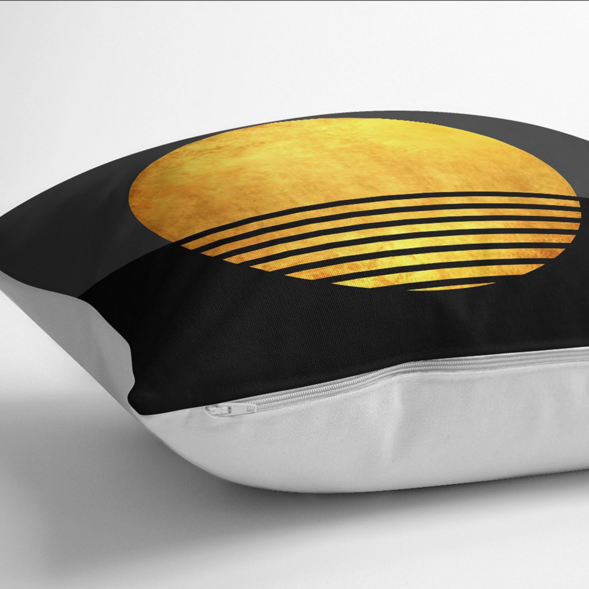 RealHomes Gold - Siyah Zeminde Kanvas Motifli Güneş Desenli Dijital Baskılı Yastık Kırlent Kılıfı Realhomes