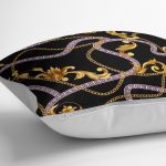 RealHomes Siyah Zeminde Zincir Motifli Altın Desenli Dijital Baskılı Yastık Kırlent Kılıfı Realhomes