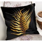 - K12274-Gorsel-1 - Realhomes  RealHomes Siyah Zeminde Gold Motifli Yaprak Desenli Dijital Baskılı Yastık Kırlent Kılıfı Realhomes