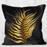 - K12274-Gorsel-2 - Realhomes  RealHomes Siyah Zeminde Gold Motifli Yaprak Desenli Dijital Baskılı Yastık Kırlent Kılıfı Realhomes