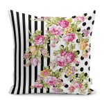 RealHomes Siyah - Pembe Zeminde Geometrik Motifli Çiçek Desenli Dijital Baskılı Yastık Kırlent Kılıfı Realhomes