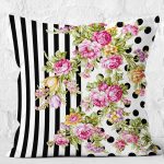 RealHomes Siyah - Pembe Zeminde Geometrik Motifli Çiçek Desenli Dijital Baskılı Yastık Kırlent Kılıfı Realhomes