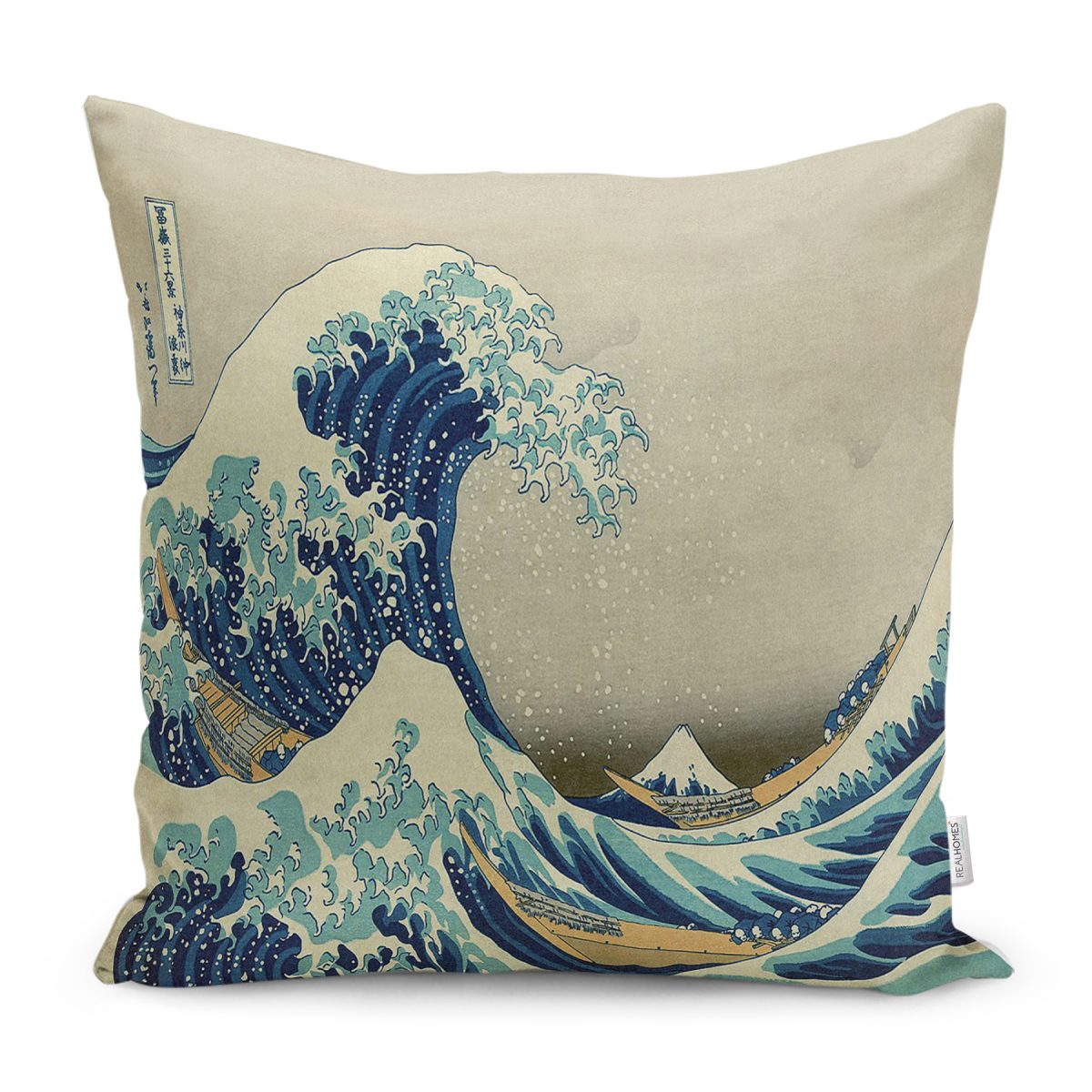 RealHomes Mavi - Gri Deniz Dalgası Sanat Eseri Motifli Kanagawa Dalgası Desenli Dijital Baskılı Yastık Kırlent Kılıfı Realhomes