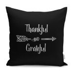 - K12320-Gorsel - Realhomes RealHomes Siyah Zeminde Yazı Motifli Thankful Desenli Dijital Baskılı Yastık Kırlent Kılıfı Realhomes