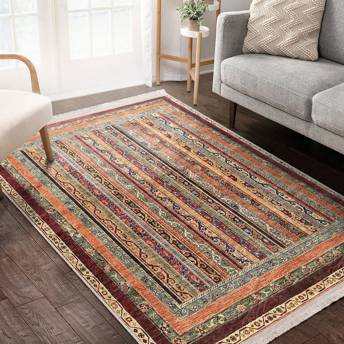 Bej Zeminde Kilim Motifli Geleneksel Desenli Avangarde Etnik Motifler Salon & Oturma Odası Koridor & Antre Dijital Baskılı Makinede Yıkanabilir Kaymaz Taban Saçaklı Halı Realhomes