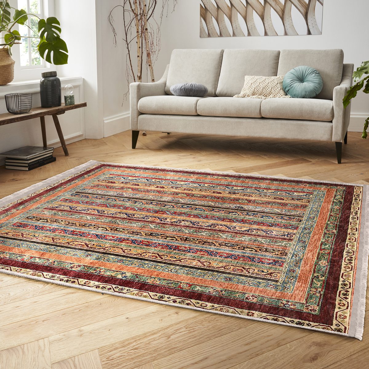 Bej Zeminde Kilim Motifli Geleneksel Desenli Avangarde Etnik Motifler Salon & Oturma Odası Koridor & Antre Dijital Baskılı Makinede Yıkanabilir Kaymaz Taban Saçaklı Halı Realhomes