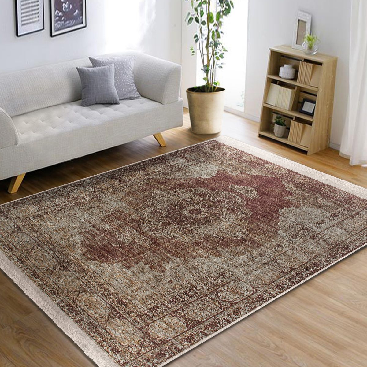 Kiremit Zeminde Osmanlı Motifli Eskitme Desenli Avangarde Eskitme Motifli Salon & Oturma Odası Yatak Odası Dijital Baskılı Makinede Yıkanabilir Kaymaz Taban Saçaklı Halı Realhomes