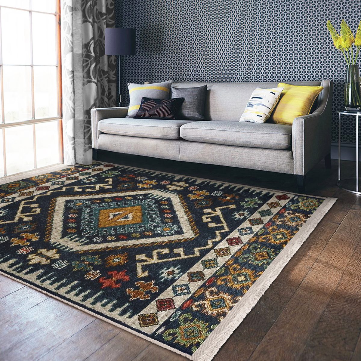 Lacivert Zeminde Kilim Motifli Baklava Desenli Etnik Motifler Vintage Salon & Oturma Odası Koridor & Antre Dijital Baskılı Makinede Yıkanabilir Kaymaz Taban Saçaklı Halı Realhomes