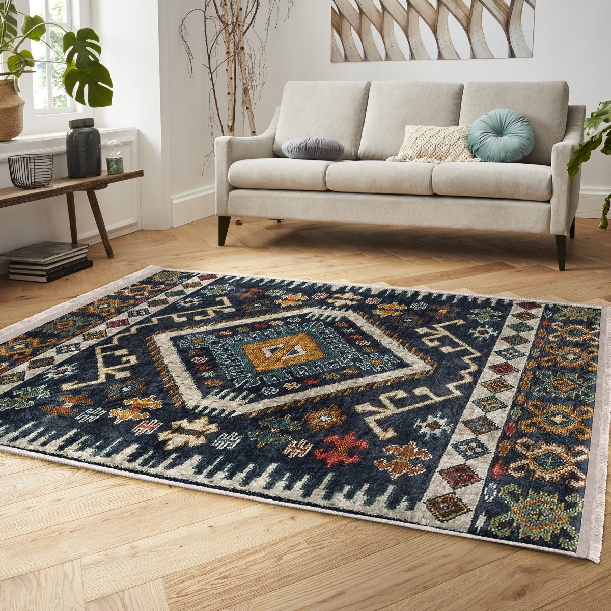 Lacivert Zeminde Kilim Motifli Baklava Desenli Etnik Motifler Vintage Salon & Oturma Odası Koridor & Antre Dijital Baskılı Makinede Yıkanabilir Kaymaz Taban Saçaklı Halı Realhomes