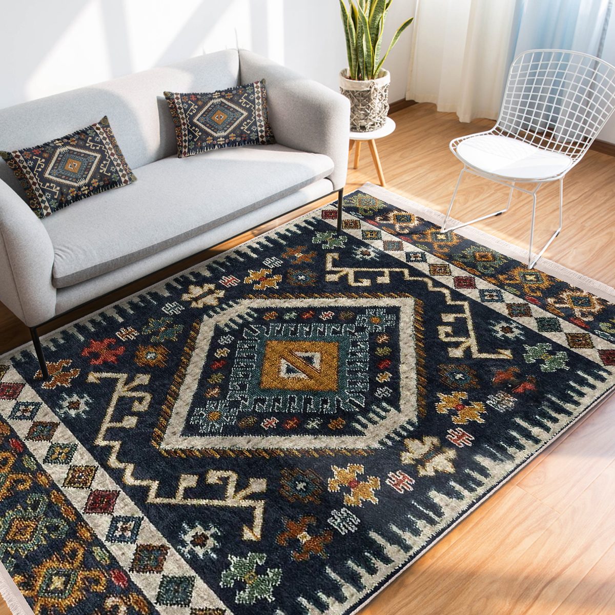 Lacivert Zeminde Kilim Motifli Baklava Desenli Etnik Motifler Vintage Salon & Oturma Odası Koridor & Antre Dijital Baskılı Makinede Yıkanabilir Kaymaz Taban Saçaklı Halı Realhomes