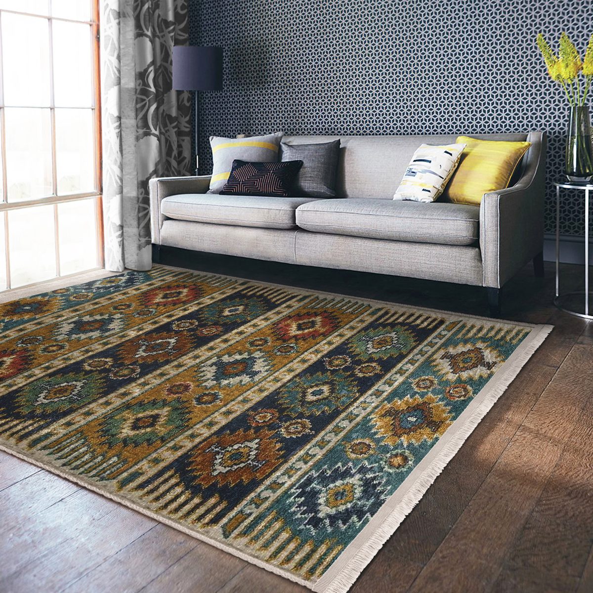 Renkli Zeminde Kilim Motifli Baklava Desenli Avangarde Vintage Koridor & Antre Salon & Oturma Odası Dijital Baskılı Makinede Yıkanabilir Kaymaz Taban Saçaklı Halı Realhomes