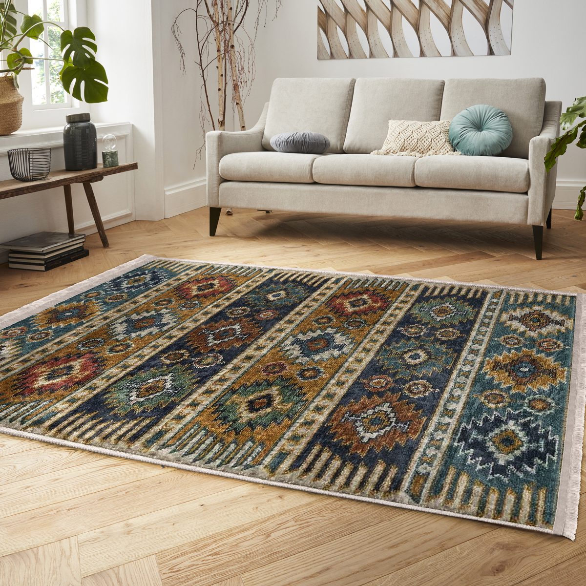 Renkli Zeminde Kilim Motifli Baklava Desenli Avangarde Vintage Koridor & Antre Salon & Oturma Odası Dijital Baskılı Makinede Yıkanabilir Kaymaz Taban Saçaklı Halı Realhomes