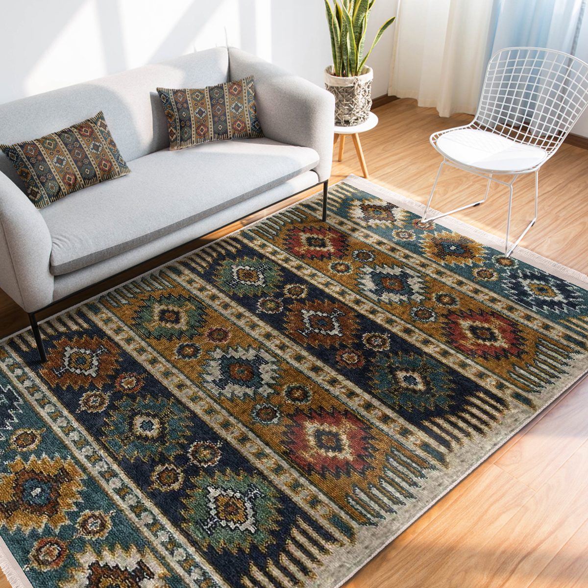 Renkli Zeminde Kilim Motifli Baklava Desenli Avangarde Vintage Koridor & Antre Salon & Oturma Odası Dijital Baskılı Makinede Yıkanabilir Kaymaz Taban Saçaklı Halı Realhomes