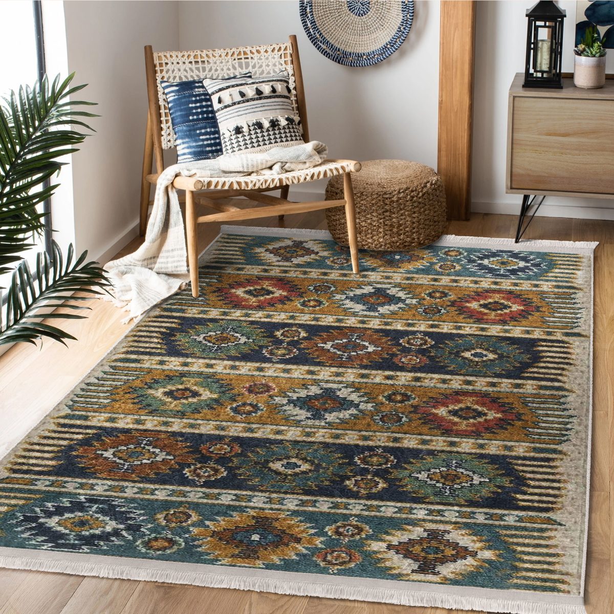 Renkli Zeminde Kilim Motifli Baklava Desenli Avangarde Vintage Koridor & Antre Salon & Oturma Odası Dijital Baskılı Makinede Yıkanabilir Kaymaz Taban Saçaklı Halı Realhomes