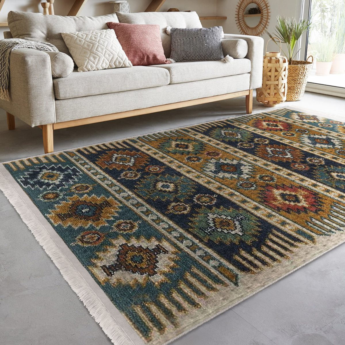 Renkli Zeminde Kilim Motifli Baklava Desenli Avangarde Vintage Koridor & Antre Salon & Oturma Odası Dijital Baskılı Makinede Yıkanabilir Kaymaz Taban Saçaklı Halı Realhomes