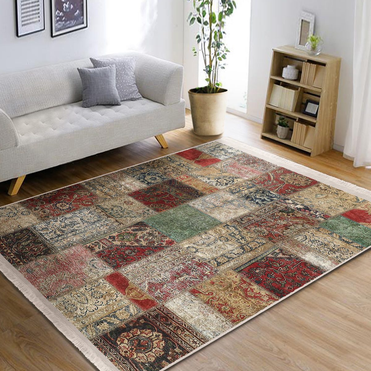 Çok Renki Zeminde Patchwork Motifli Eskitme Desenli Etnik Motifler Vintage Salon & Oturma Odası Koridor & Antre Dijital Baskılı Makinede Yıkanabilir Kaymaz Taban Saçaklı Halı Realhomes