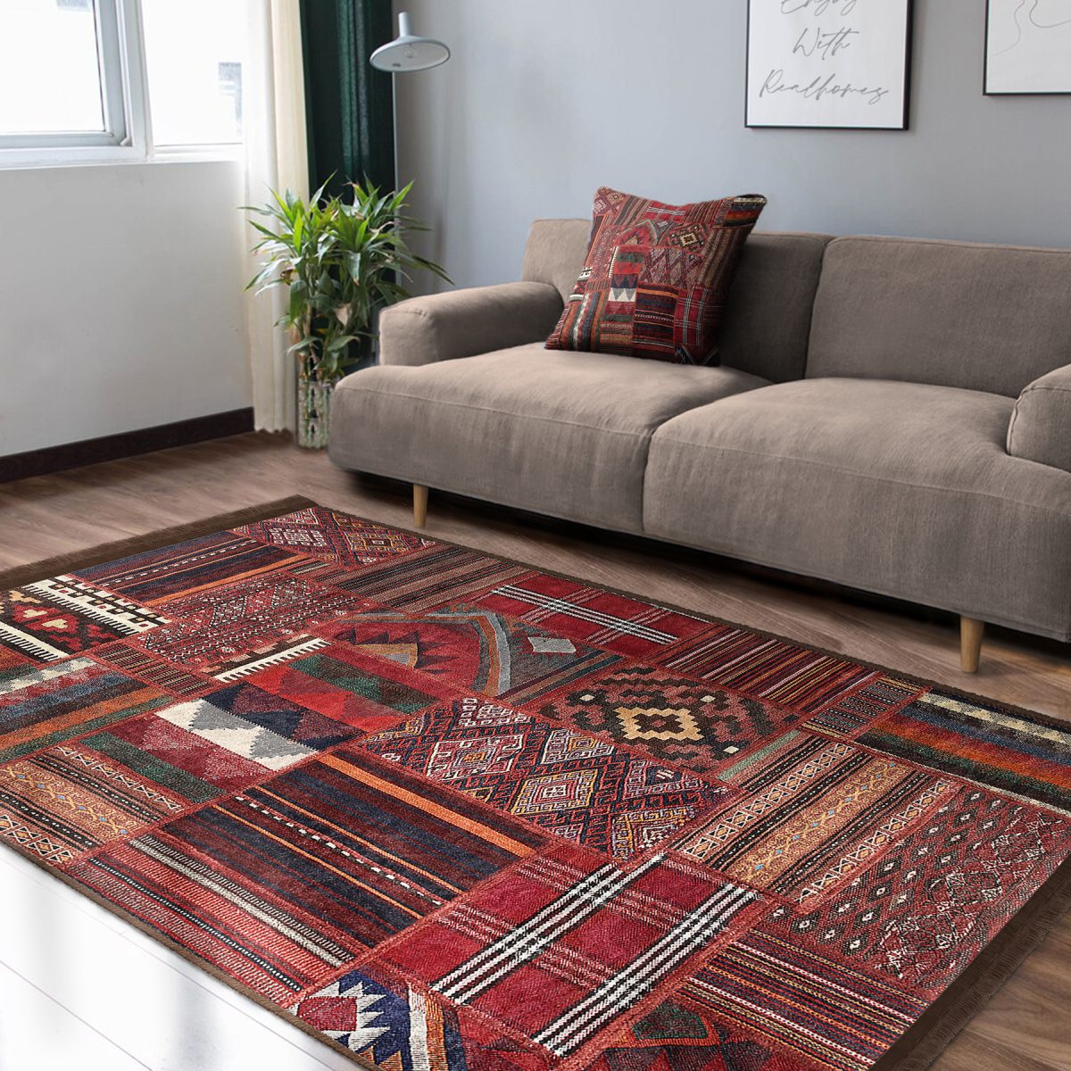 Kiremit Zeminde Kilim Motifli Eskitme Desenli Avangarde Etnik Motifler Salon & Oturma Odası Yatak Odası Dijital Baskılı Makinede Yıkanabilir Kaymaz Taban Saçaklı Halı Realhomes