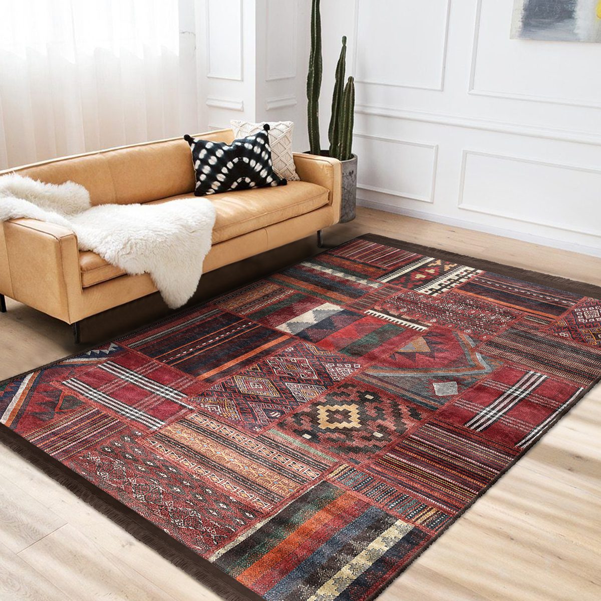 Kiremit Zeminde Kilim Motifli Eskitme Desenli Avangarde Etnik Motifler Salon & Oturma Odası Yatak Odası Dijital Baskılı Makinede Yıkanabilir Kaymaz Taban Saçaklı Halı Realhomes