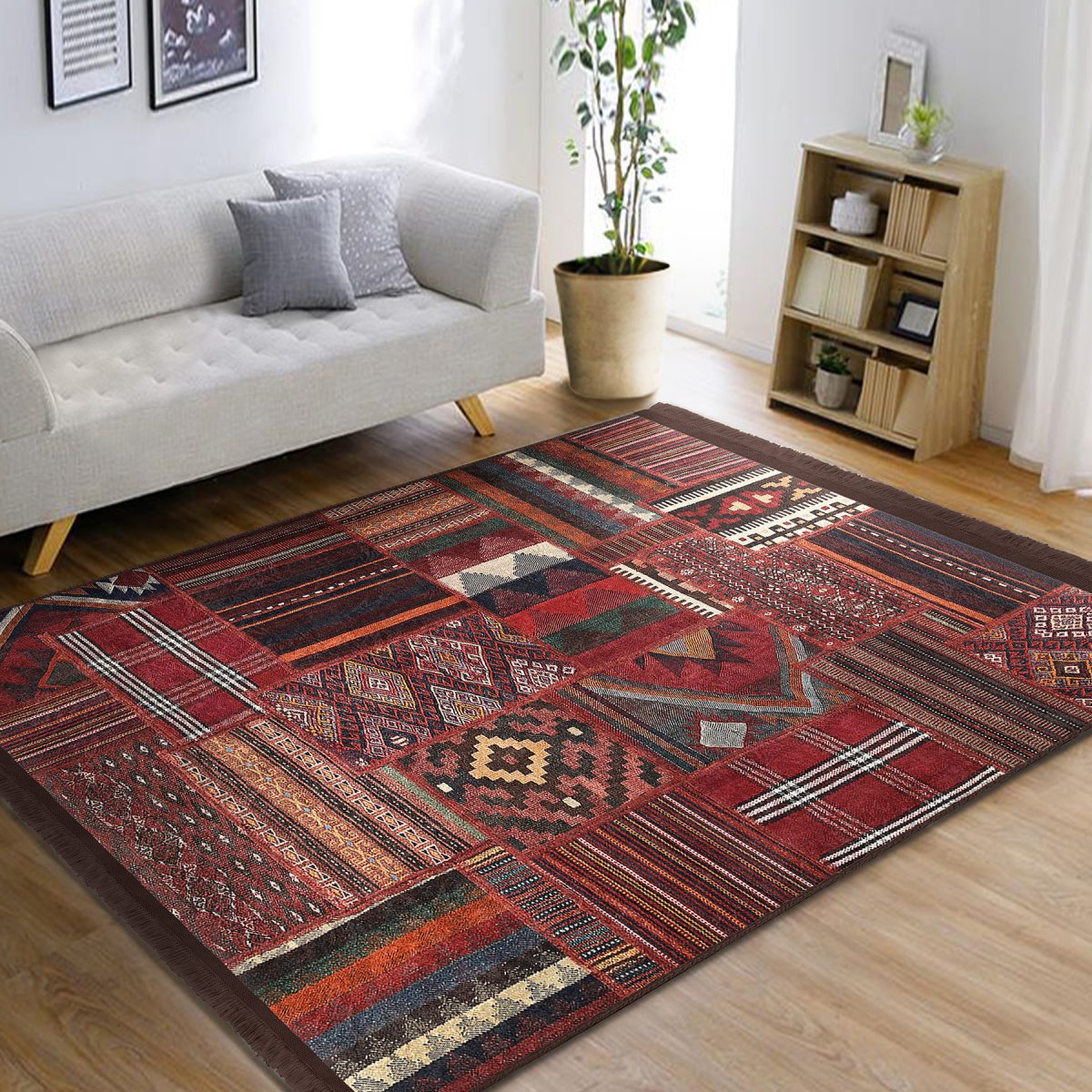 Kiremit Zeminde Kilim Motifli Eskitme Desenli Avangarde Etnik Motifler Salon & Oturma Odası Yatak Odası Dijital Baskılı Makinede Yıkanabilir Kaymaz Taban Saçaklı Halı Realhomes