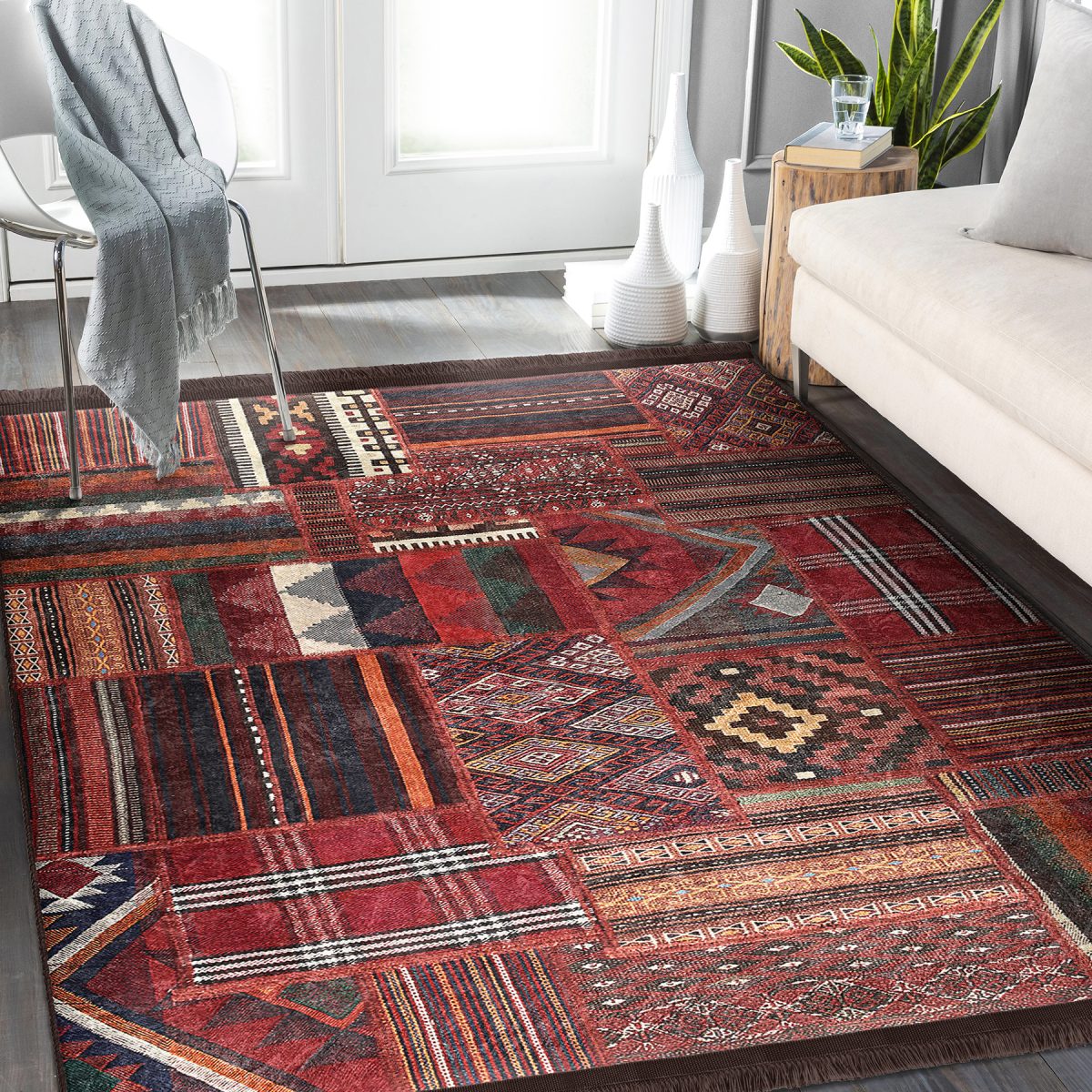 Kiremit Zeminde Kilim Motifli Eskitme Desenli Avangarde Etnik Motifler Salon & Oturma Odası Yatak Odası Dijital Baskılı Makinede Yıkanabilir Kaymaz Taban Saçaklı Halı Realhomes