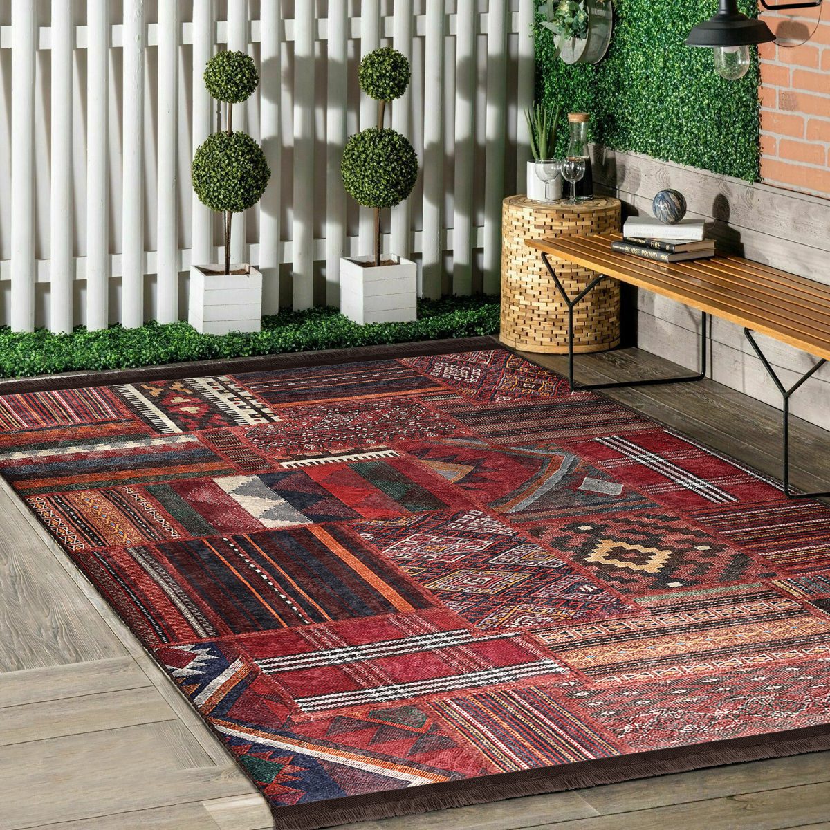 Kiremit Zeminde Kilim Motifli Eskitme Desenli Avangarde Etnik Motifler Salon & Oturma Odası Yatak Odası Dijital Baskılı Makinede Yıkanabilir Kaymaz Taban Saçaklı Halı Realhomes