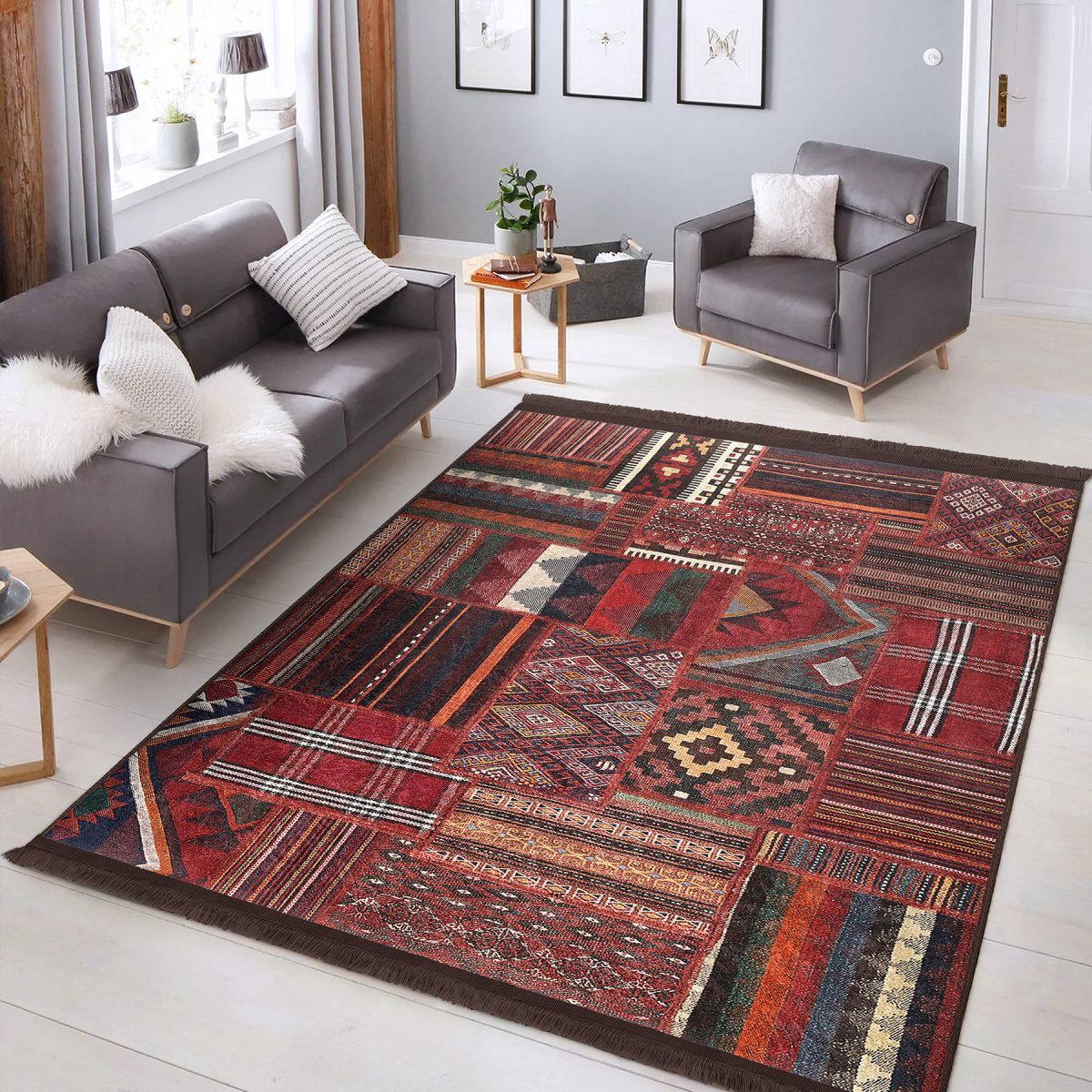 Kiremit Zeminde Kilim Motifli Eskitme Desenli Avangarde Etnik Motifler Salon & Oturma Odası Yatak Odası Dijital Baskılı Makinede Yıkanabilir Kaymaz Taban Saçaklı Halı Realhomes