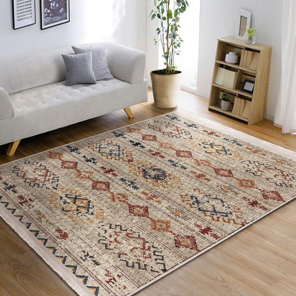 Krem Zeminde Kilim Motifli Baklava Desenli Etnik Motifler Vintage Salon & Oturma Odası Yatak Odası Dijital Baskılı Makinede Yıkanabilir Kaymaz Taban Saçaklı Halı Realhomes