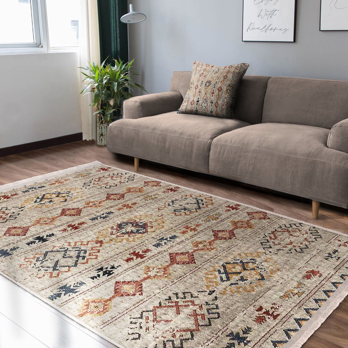 Krem Zeminde Kilim Motifli Baklava Desenli Etnik Motifler Vintage Salon & Oturma Odası Yatak Odası Dijital Baskılı Makinede Yıkanabilir Kaymaz Taban Saçaklı Halı Realhomes