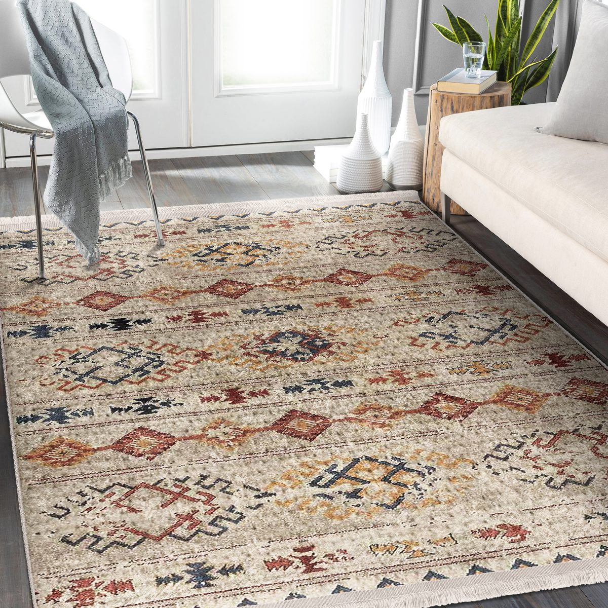 Krem Zeminde Kilim Motifli Baklava Desenli Etnik Motifler Vintage Salon & Oturma Odası Yatak Odası Dijital Baskılı Makinede Yıkanabilir Kaymaz Taban Saçaklı Halı Realhomes