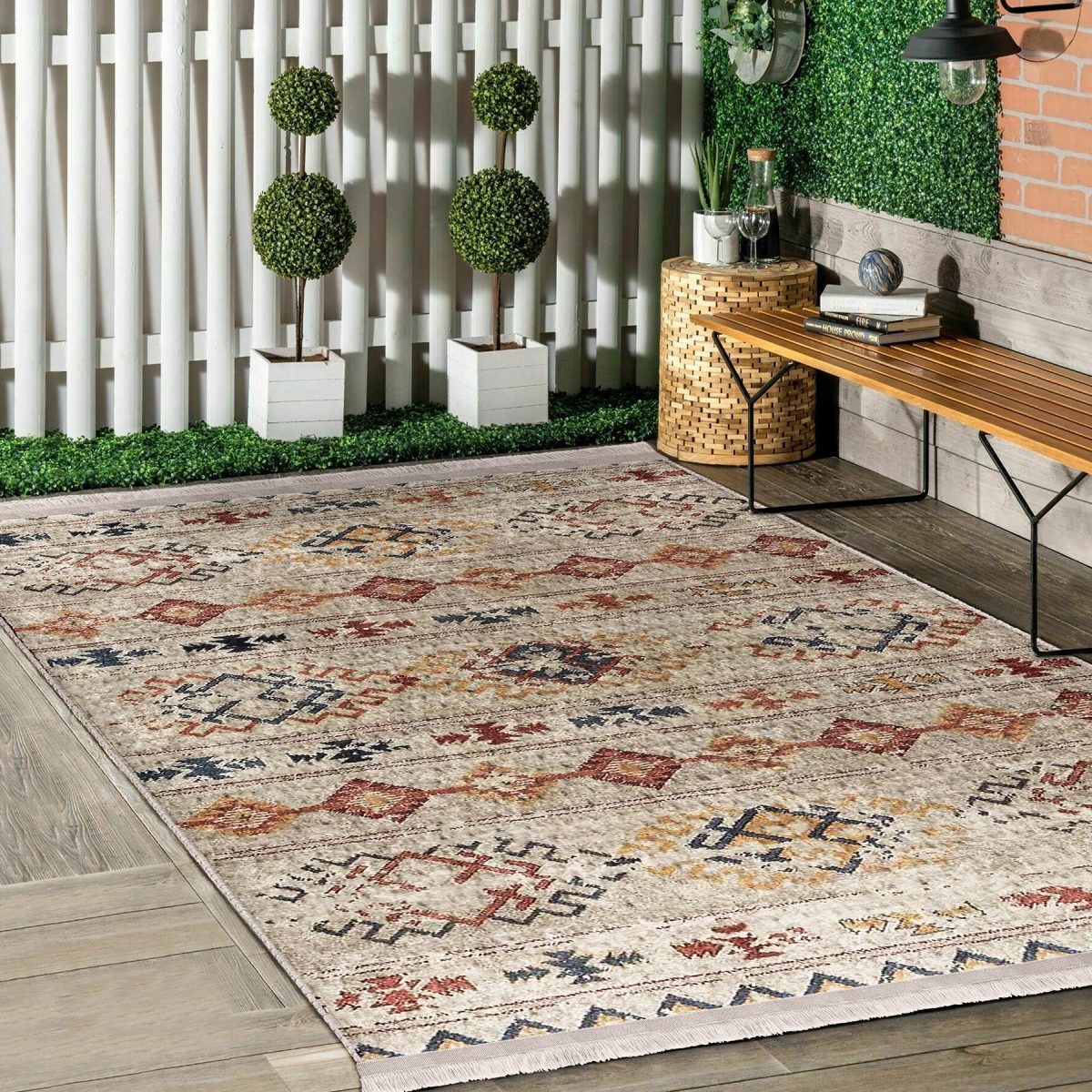 Krem Zeminde Kilim Motifli Baklava Desenli Etnik Motifler Vintage Salon & Oturma Odası Yatak Odası Dijital Baskılı Makinede Yıkanabilir Kaymaz Taban Saçaklı Halı Realhomes