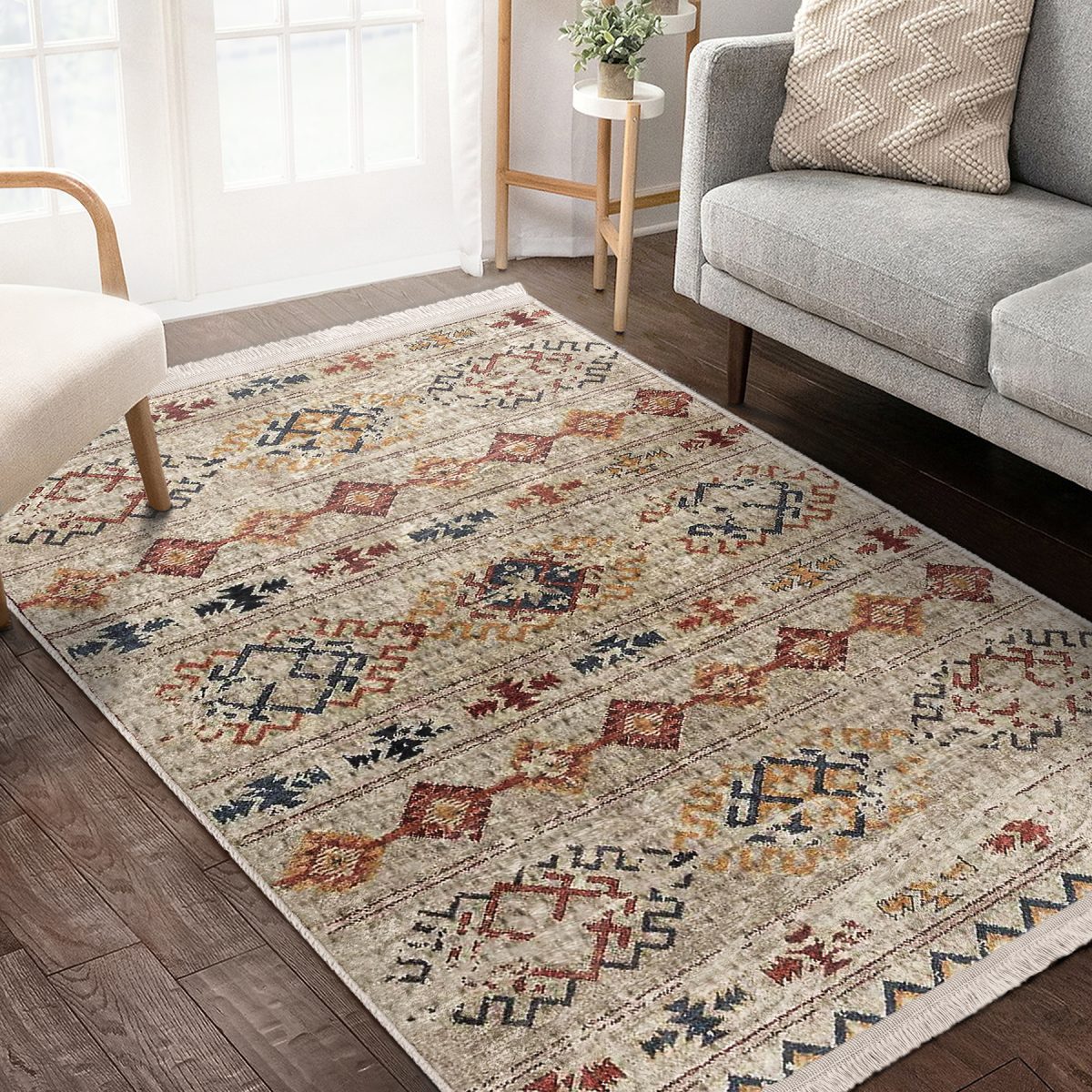 Krem Zeminde Kilim Motifli Baklava Desenli Etnik Motifler Vintage Salon & Oturma Odası Yatak Odası Dijital Baskılı Makinede Yıkanabilir Kaymaz Taban Saçaklı Halı Realhomes