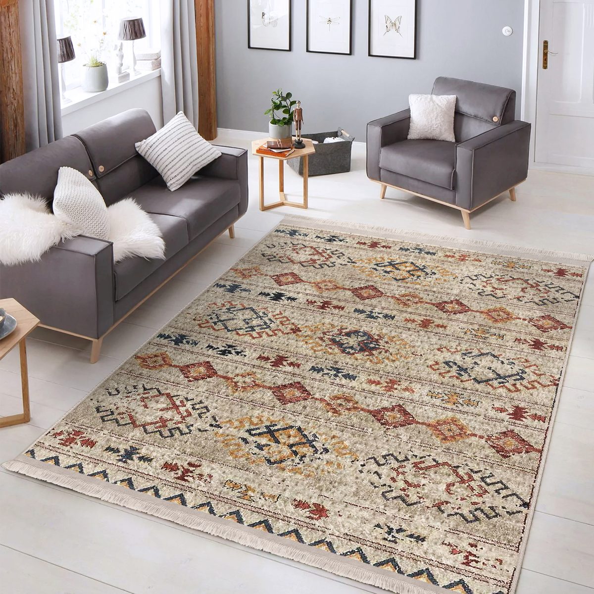 Krem Zeminde Kilim Motifli Baklava Desenli Etnik Motifler Vintage Salon & Oturma Odası Yatak Odası Dijital Baskılı Makinede Yıkanabilir Kaymaz Taban Saçaklı Halı Realhomes