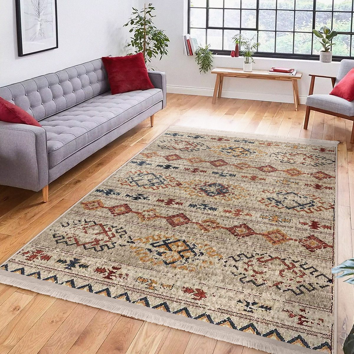 Krem Zeminde Kilim Motifli Baklava Desenli Etnik Motifler Vintage Salon & Oturma Odası Yatak Odası Dijital Baskılı Makinede Yıkanabilir Kaymaz Taban Saçaklı Halı Realhomes