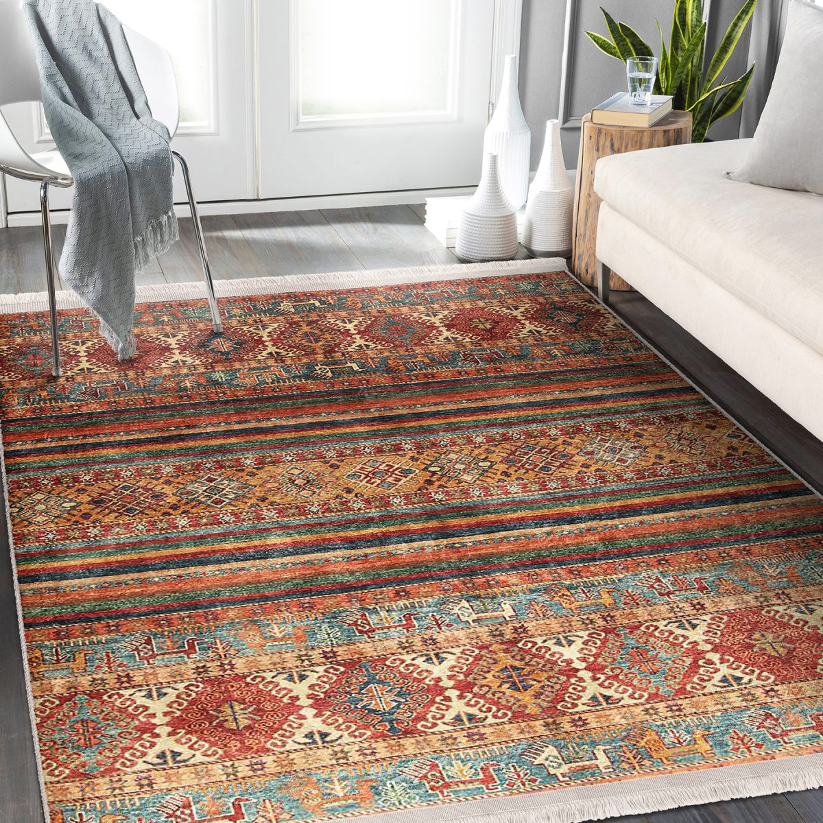 Kiremit Zeminde Kilim Motifli Baklava Desenli Etnik Motifler Avangarde Salon & Oturma Odası Salon & Oturma Odası Dijital Baskılı Makinede Yıkanabilir Kaymaz Taban Saçaklı Halı Realhomes