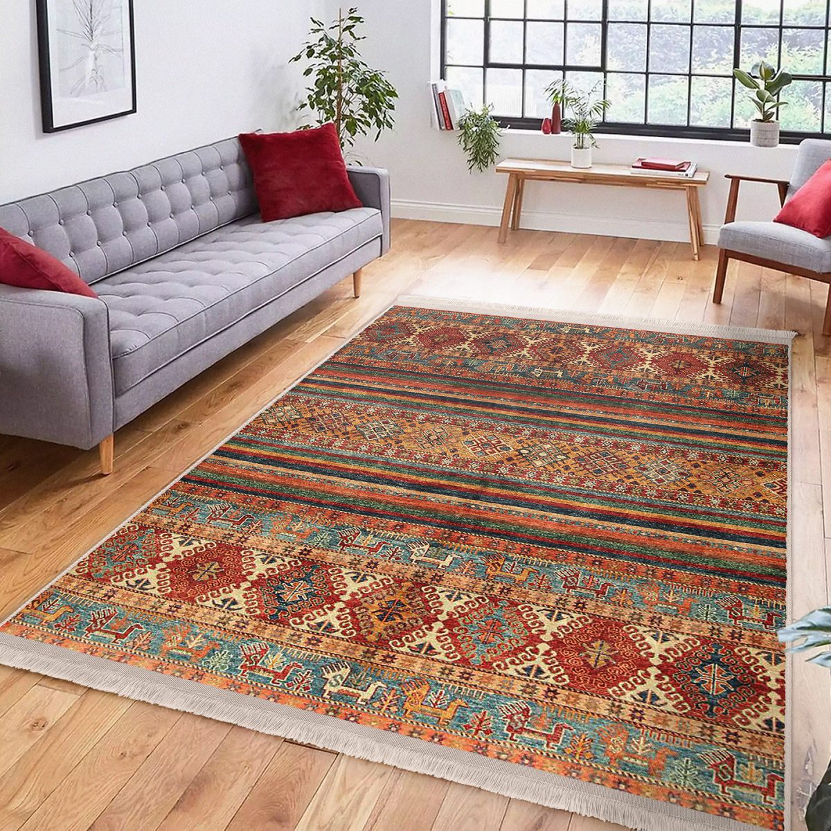 Kiremit Zeminde Kilim Motifli Baklava Desenli Etnik Motifler Avangarde Salon & Oturma Odası Salon & Oturma Odası Dijital Baskılı Makinede Yıkanabilir Kaymaz Taban Saçaklı Halı Realhomes