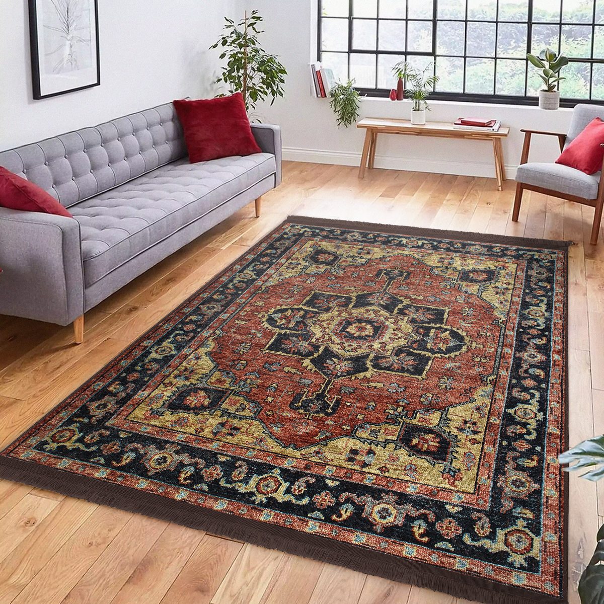 Renkli Zeminde Kilim Motifli Hereke Desenli Avangarde Etnik Motifler Salon & Oturma Odası Koridor & Antre Dijital Baskılı Makinede Yıkanabilir Kaymaz Taban Saçaklı Halı Realhomes