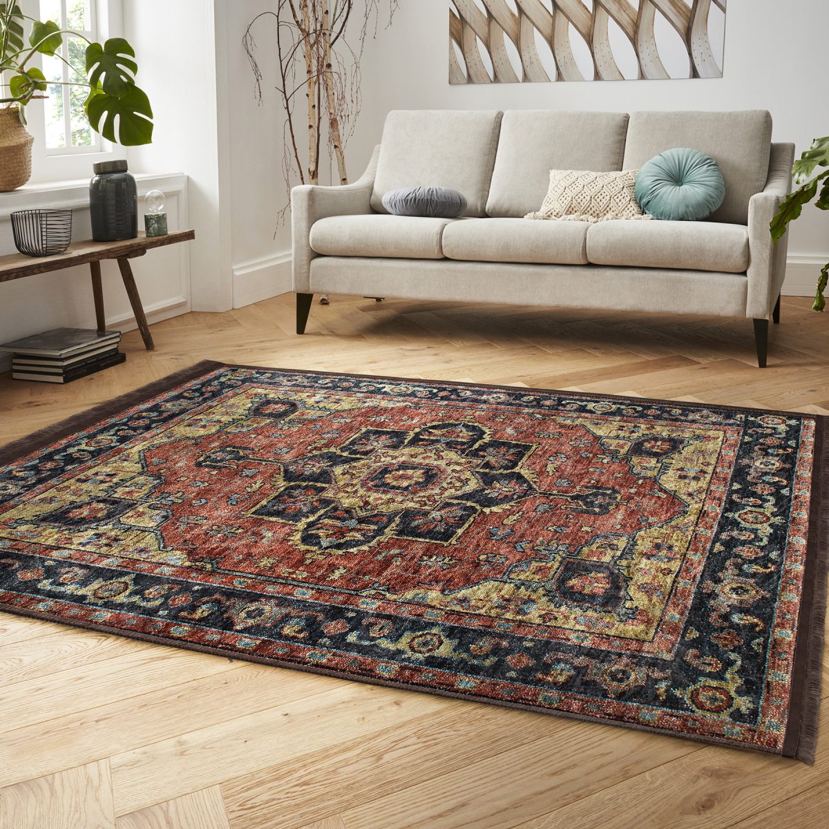 Renkli Zeminde Kilim Motifli Hereke Desenli Avangarde Etnik Motifler Salon & Oturma Odası Koridor & Antre Dijital Baskılı Makinede Yıkanabilir Kaymaz Taban Saçaklı Halı Realhomes