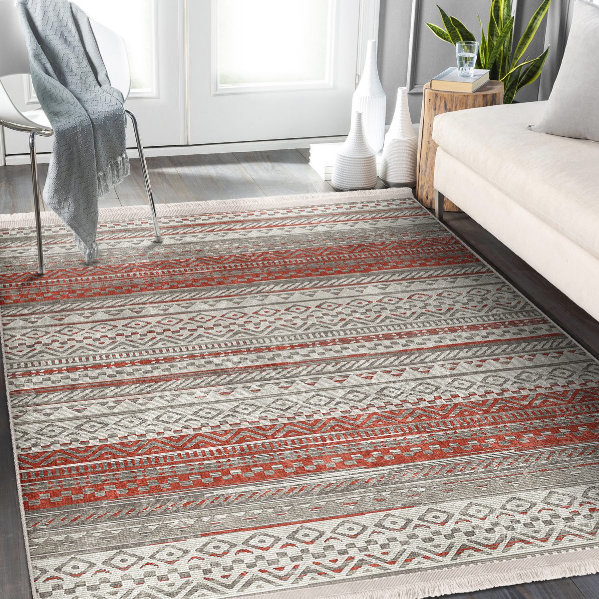 Renkli Zeminde Kilim Motifli Baklava Desenli Etnik Motifler Vintage Salon & Oturma Odası Koridor & Antre Dijital Baskılı Makinede Yıkanabilir Kaymaz Taban Saçaklı Halı Realhomes