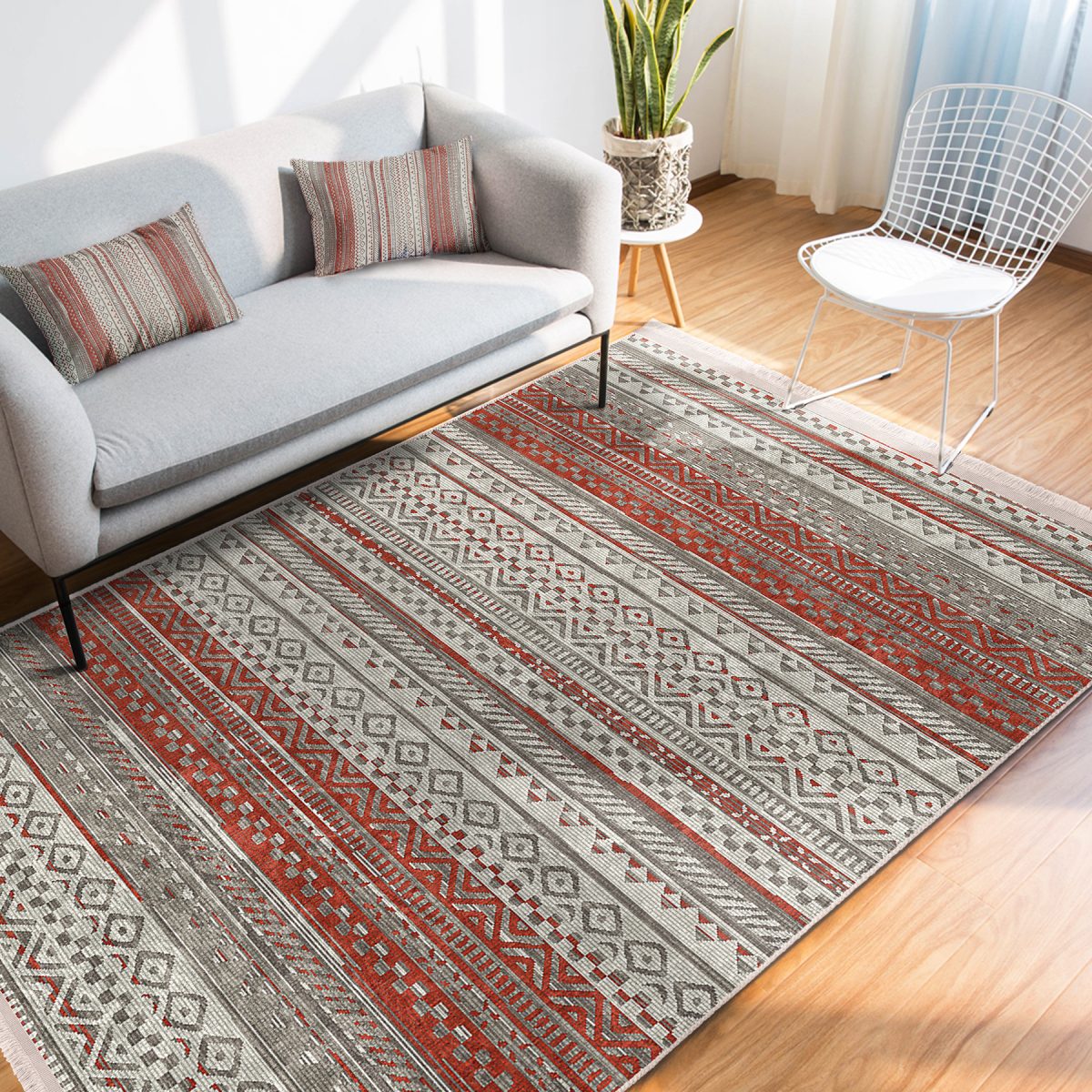 Renkli Zeminde Kilim Motifli Baklava Desenli Etnik Motifler Vintage Salon & Oturma Odası Koridor & Antre Dijital Baskılı Makinede Yıkanabilir Kaymaz Taban Saçaklı Halı Realhomes