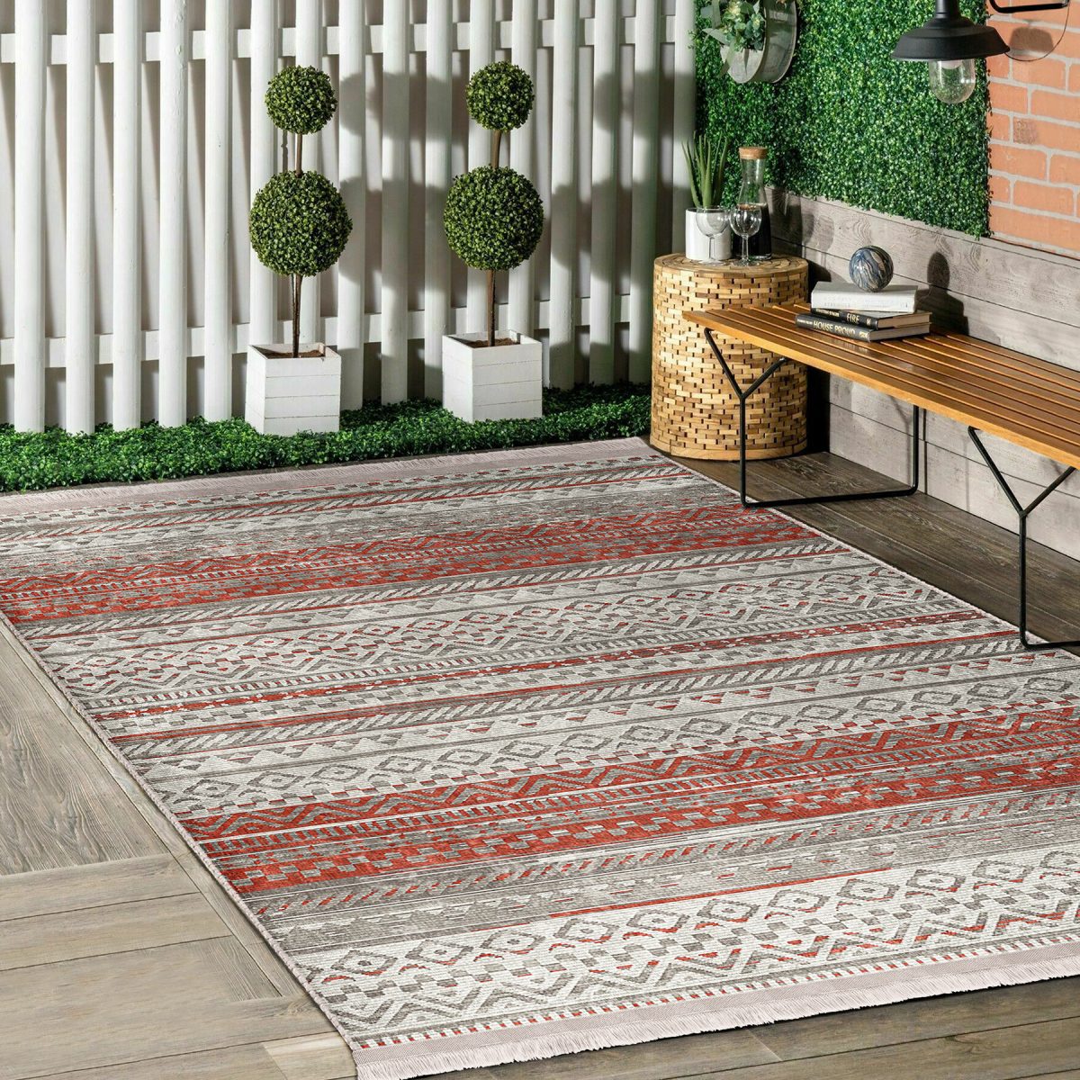 Renkli Zeminde Kilim Motifli Baklava Desenli Etnik Motifler Vintage Salon & Oturma Odası Koridor & Antre Dijital Baskılı Makinede Yıkanabilir Kaymaz Taban Saçaklı Halı Realhomes