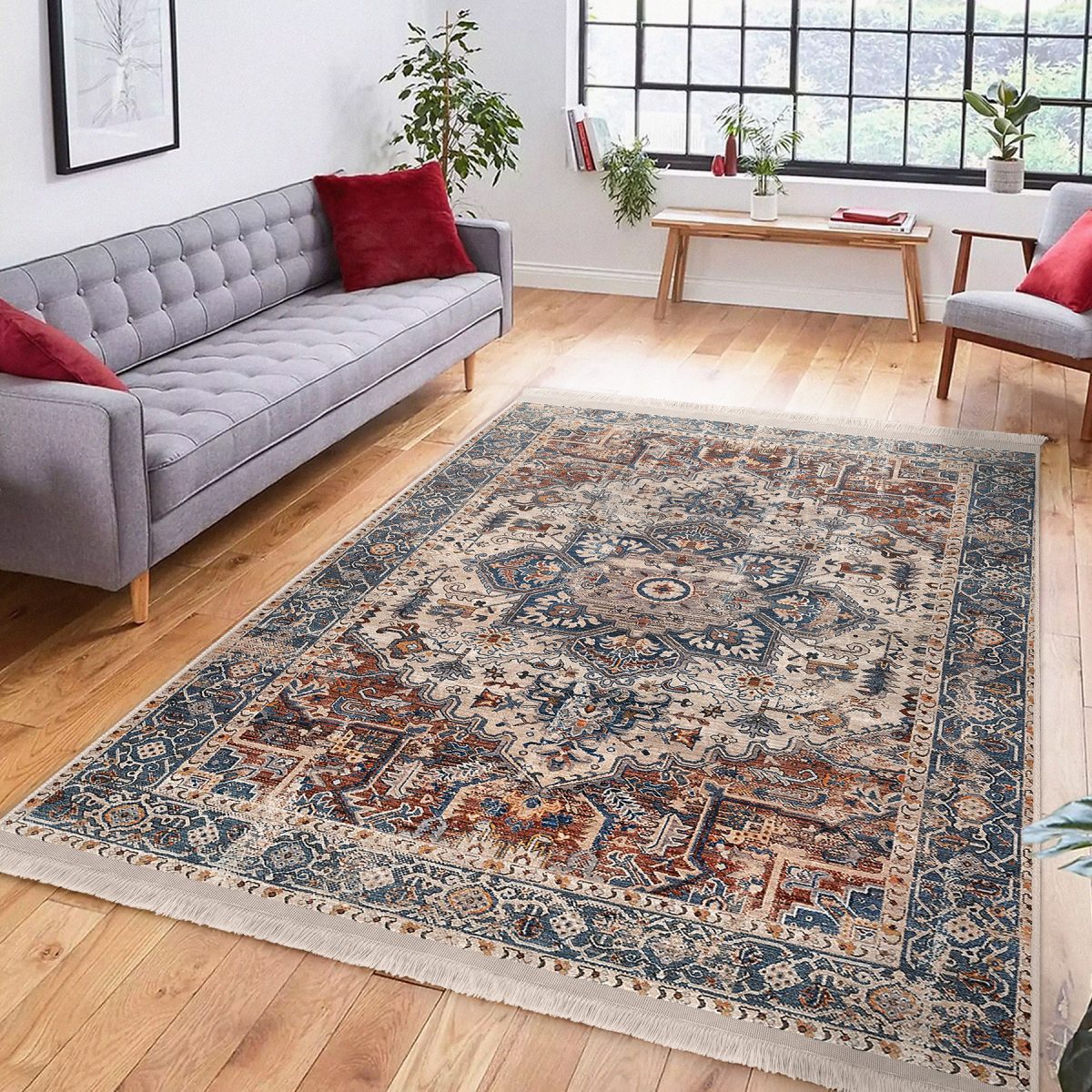 Renkli Zeminde Soyut Motifli Kilim Desenli Eskitme Motifli Avangarde Salon & Oturma Odası Koridor & Antre Dijital Baskılı Makinede Yıkanabilir Kaymaz Taban Saçaklı Halı Realhomes