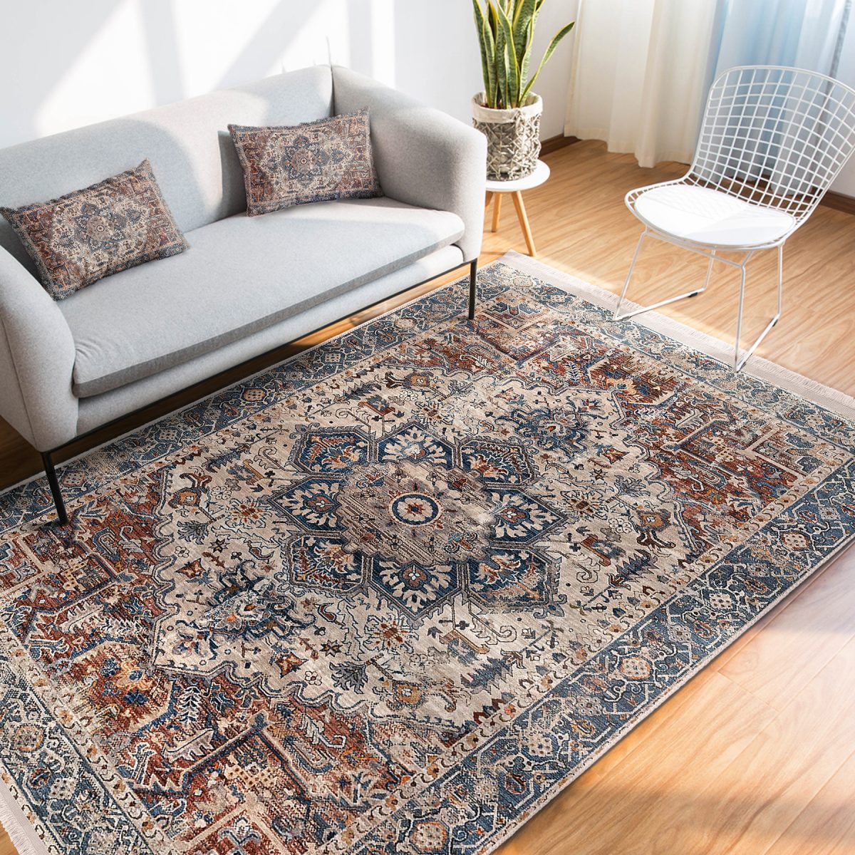 Renkli Zeminde Soyut Motifli Kilim Desenli Eskitme Motifli Avangarde Salon & Oturma Odası Koridor & Antre Dijital Baskılı Makinede Yıkanabilir Kaymaz Taban Saçaklı Halı Realhomes