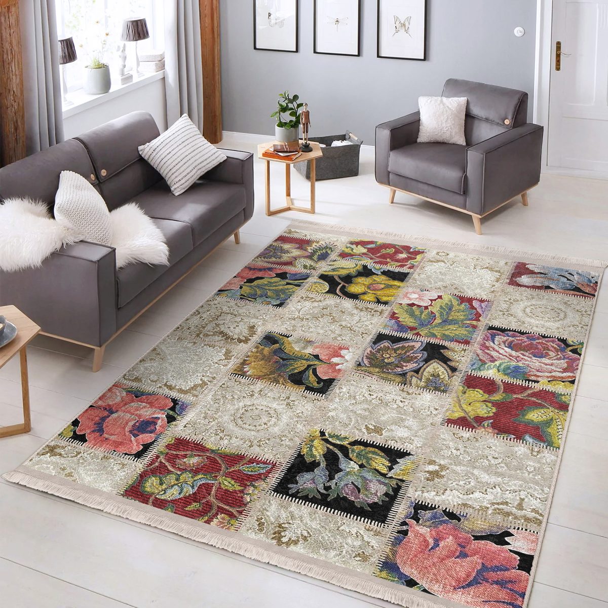 Krem Zeminde Patchwork Motifli Örme Desenli Klasik Vintage Salon & Oturma Odası Yatak Odası Dijital Baskılı Makinede Yıkanabilir Kaymaz Taban Saçaklı Halı Realhomes