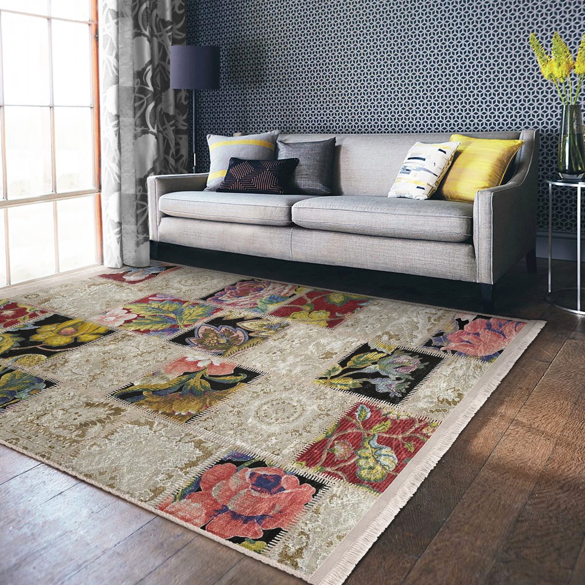 Krem Zeminde Patchwork Motifli Örme Desenli Klasik Vintage Salon & Oturma Odası Yatak Odası Dijital Baskılı Makinede Yıkanabilir Kaymaz Taban Saçaklı Halı Realhomes