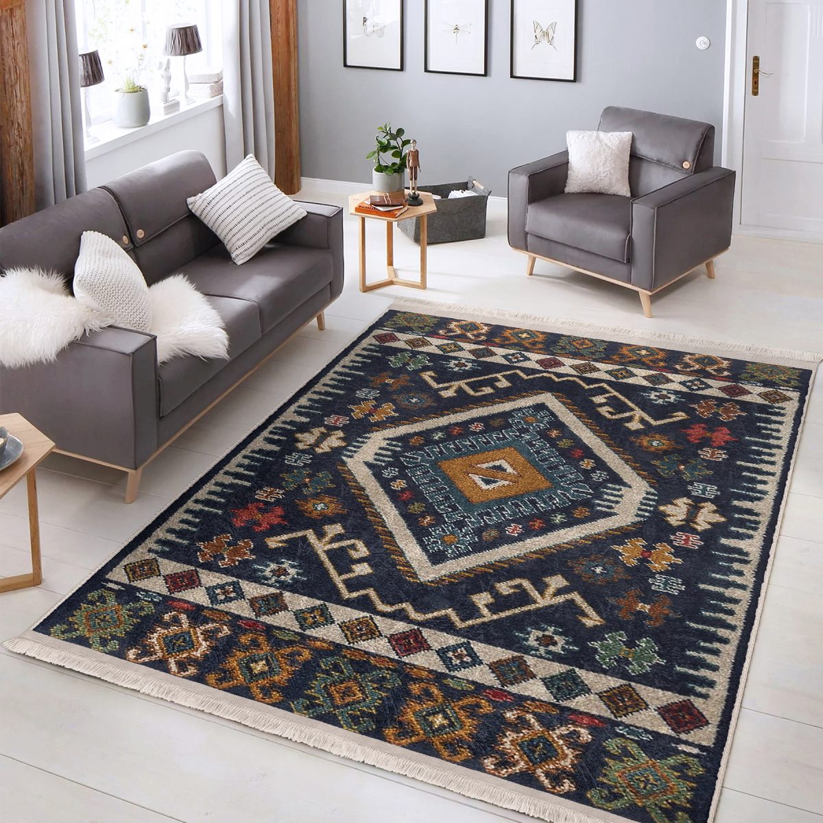 Lacivert Zeminde İran Motifli Kilim Desenli Avangarde Vintage Salon & Oturma Odası Koridor & Antre Dijital Baskılı Makinede Yıkanabilir Kaymaz Taban Saçaklı Halı Realhomes