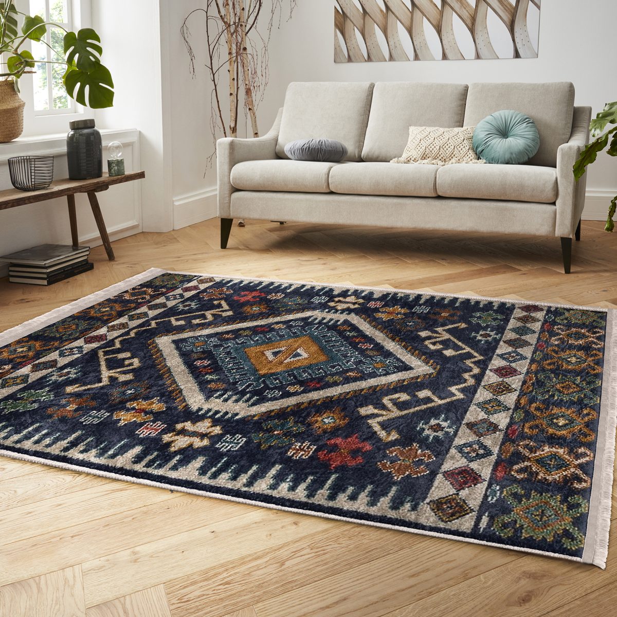 Lacivert Zeminde İran Motifli Kilim Desenli Avangarde Vintage Salon & Oturma Odası Koridor & Antre Dijital Baskılı Makinede Yıkanabilir Kaymaz Taban Saçaklı Halı Realhomes