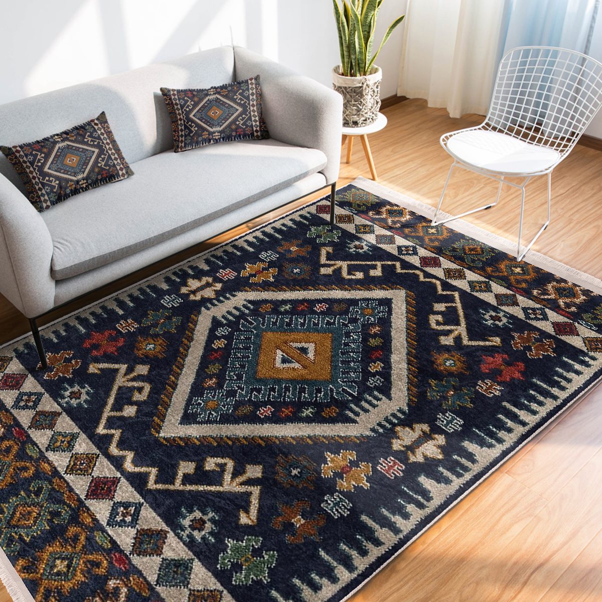 Lacivert Zeminde İran Motifli Kilim Desenli Avangarde Vintage Salon & Oturma Odası Koridor & Antre Dijital Baskılı Makinede Yıkanabilir Kaymaz Taban Saçaklı Halı Realhomes